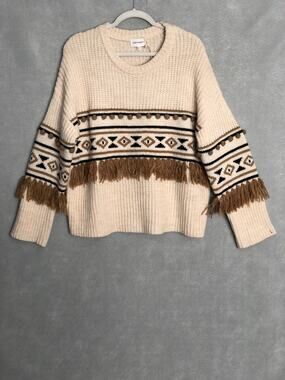 Driftwood Geometric 3D Tassel Pom-Pom Sweater Cream Women's XL NEW